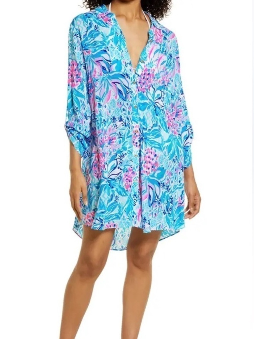 Lilly Pulitzer Natalie tunic size L swim coverup shirt dress blue pineapple - Picture 5 of 6
